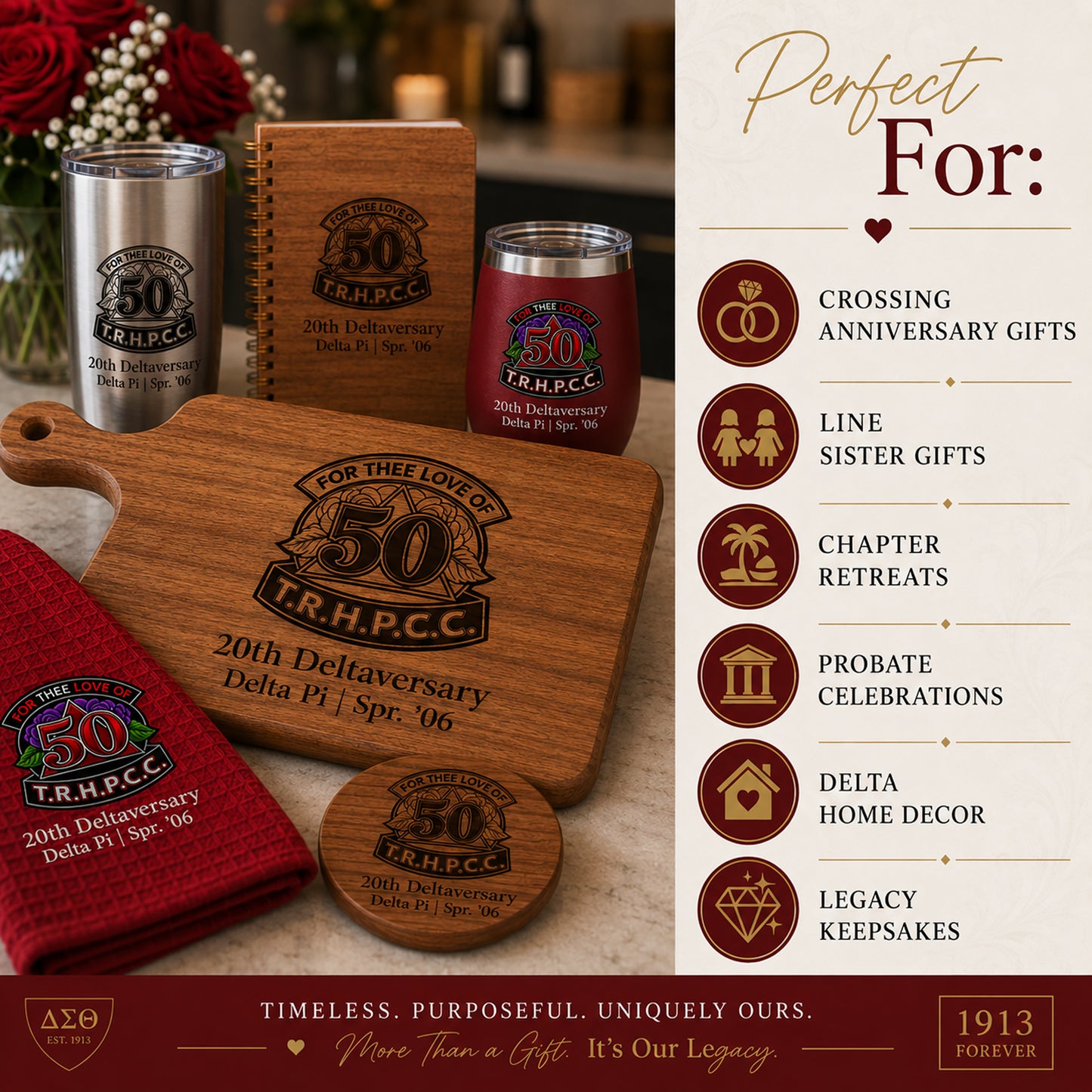Delta Sigma Theta gift ideas graphic featuring crossing anniversary gifts, line sister gifts, chapter retreats, and legacy keepsakes