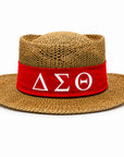 Straw hat with red band and Delta Sigma Theta Greek letters