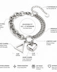 Features graphic for the officially licensed Delta Sigma Theta pyramid charm bracelet showing adjustable fit, stainless steel construction, lobster clasp, extension chain, heart charm, and pyramid charm.