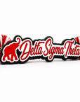 Personalized Delta Sigma Theta acrylic spirit stick featuring a script font, elephant icon, layered acrylic construction, and coordinating red and white pom-poms.