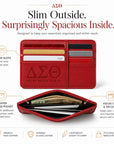 Delta Sigma Theta faux leather slim wallet showing six exterior card slots and a center pocket for cash, receipts, and additional cards.