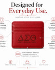 Feature infographic highlighting the faux leather construction, embossed design, six card slots, center storage pocket, and slim profile of the Delta Sigma Theta wallet.