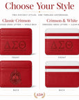 Front and back comparison of the Delta Sigma Theta faux leather slim wallet in Classic Crimson and Crimson & White.