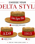 Straw hat with red band; Delta Sigma Theta script, Greek letters, or 1913