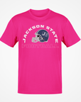 Pink crewneck football T-shirt with Jackson State logo graphic on chest