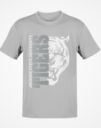 Gray short sleeve T-shirt with half tiger head graphic and vertical “Jackson State” text