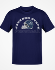 Navy crewneck football T-shirt with Jackson State logo graphic on chest