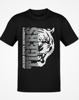 Black short sleeve T-shirt with half tiger head graphic and vertical “Jackson State” text