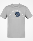 Gray crewneck football T-shirt with Jackson State logo graphic on chest