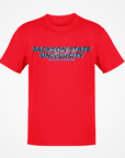 Red short sleeve T-shirt with front Jackson State University logo graphic
