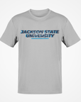 Gray short sleeve T-shirt with front Jackson State University logo graphic