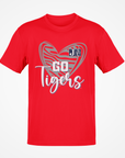 Red short-sleeve T-shirt with heart 'Go Tigers' graphic and JSU logo