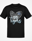 Black short-sleeve T-shirt with heart 'Go Tigers' graphic and JSU logo