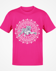 Pink short sleeve T-shirt with white tiger face maze graphic at center