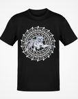 Black short sleeve T-shirt with white tiger face maze graphic at center
