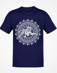Navy short sleeve T-shirt with white tiger face maze graphic at center