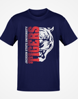 Navy short-sleeve T-shirt with red vertical tiger-head graphic on front