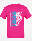 Pink short-sleeve T-shirt with blue-and-white half tiger head chest graphic