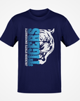 Navy short-sleeve T-shirt with blue-and-white half tiger head chest graphic