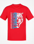Red short-sleeve T-shirt with blue-and-white half tiger head chest graphic