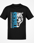 Black short-sleeve T-shirt with blue-and-white half tiger head chest graphic