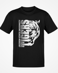 Black short-sleeve T-shirt with white half tiger-head front graphic.