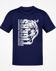 Navy short-sleeve T-shirt with white half tiger-head front graphic.