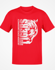 Red short-sleeve T-shirt with white half tiger-head front graphic.
