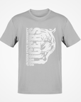Gray short-sleeve T-shirt with white half tiger-head front graphic.