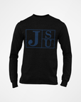 Black long sleeve crewneck T-shirt with blue J S U block logo on front