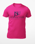 Unisex crew neck T-shirt, pink with JSU logo print on chest.