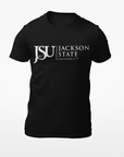 Unisex crew neck T-shirt in black with Jackson State logo on the front