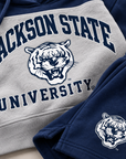 Close-up detail of Jackson State Tigers Varsity Arch artwork and Tiger Head on fleece