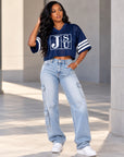 Model wearing Jackson State Tigers Block Letter navy cropped mesh football jersey