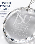 Close-up of frosted laser engraving and faceted edges on the Jackson State University Life Member crystal ornament.