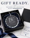 Jackson State University Life Member crystal ornament packaged in a lined gift box with silver hanging string.
