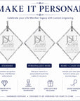 Jackson State University Life Member crystal ornament personalization options including standard design, custom name engraving, and name with class year on a diamond crystal ornament.
