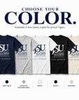 Jackson State University Life Member T-shirt color options in navy, athletic heather gray, white, black, and natural.