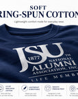 Close-up of soft ring-spun cotton fabric on the Jackson State University Life Member T-shirt.