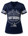 Navy V-neck ladies-cut jersey with Tiger Takeover Nashville Edition front print and stripes