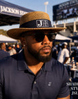 Jackson State University straw gambler hat styled for JSU football game day