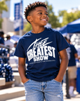 Boy wearing Jackson State Tigers Thee Greatest Show navy youth T-shirt