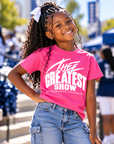 Girl wearing Jackson State Tigers Thee Greatest Show pink youth T-shirt
