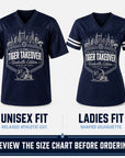 Navy jersey front and back views with Tiger Takeover Nashville Edition print and sleeve stripes