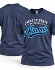 Jackson State Tigers Alumni Script T-Shirt in Heather Navy, front and back view
