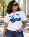 Black alumna wearing a white Jackson State Tigers Alumni Script T-Shirt