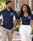 Black man and woman wearing Jackson State Tigers True Navy and White performance polos