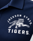 Jackson State Tigers leaping tiger white left chest design on True Navy performance polo