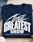 Jackson State Tigers Thee Greatest Show navy T-shirt folded flat lay