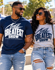 Two models wearing Jackson State Tigers Thee Greatest Show T-shirts in navy and athletic heather gray